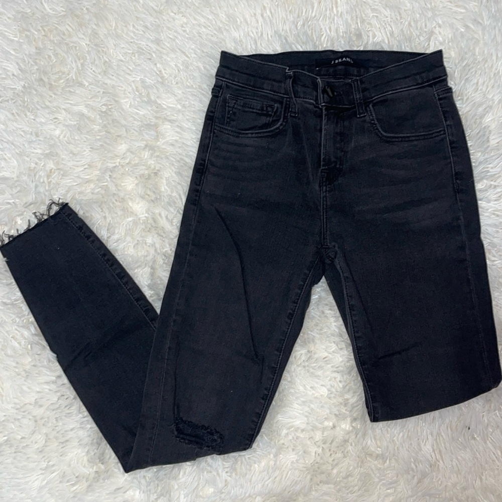 J Brand Black Frayed Distressed Hem Skinny Denim Jeans